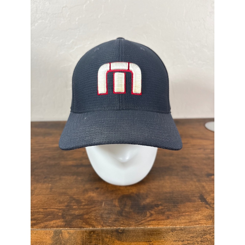 TravisMathew Mens Navy Blue Flexfit Golf Hat Star Brim Logo Cap L-XL